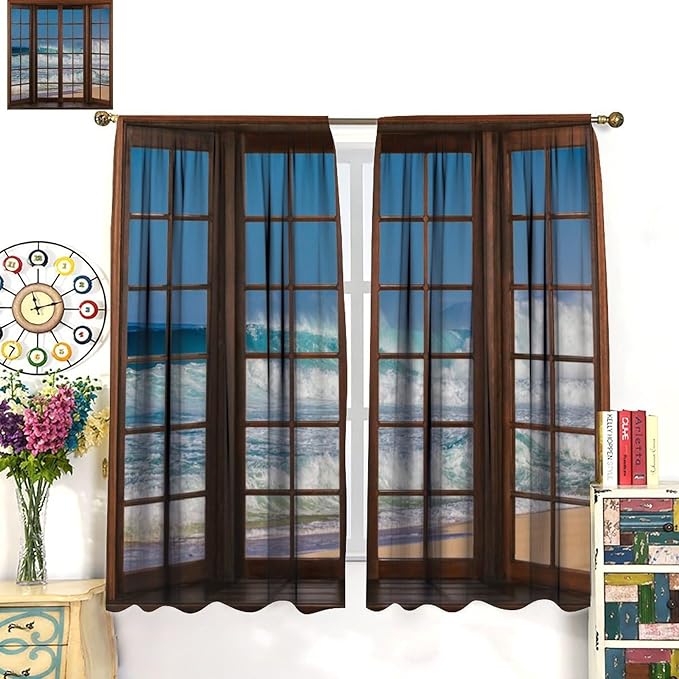 Ocean Beach Curtains,Waves Crashed Beach Hawaiian Seaside Scene Pattern Blackout Print Home Bedroom Living Room Window Treatments 2 Panel Set 72x63 Inch