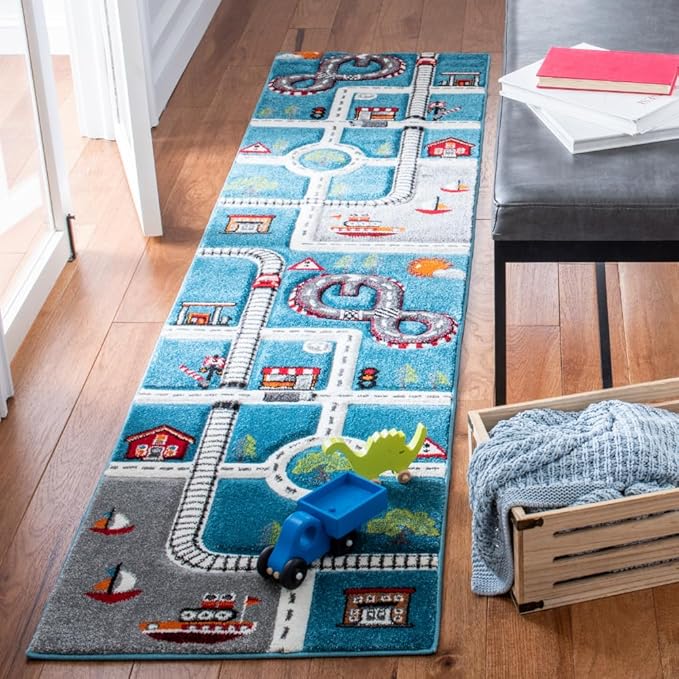 SAFAVIEH Carousel Kids 100 Collection Runner Rug - 6' Runner, Turquoise & Ivory, Transitional Design, Stain Resistant, Ideal for High Traffic Areas in Hallway, Bathroom & Kitchen (CRK192K-26)