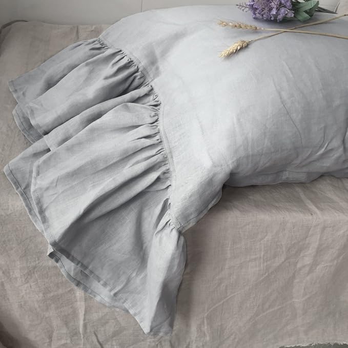 Ruffles Linen Pillowcase. Pure Flax Pillow Sham 100% French Linen Ruffled Pillow Cover, Standard, Queen, King Size 1 PCS (King, Silver)