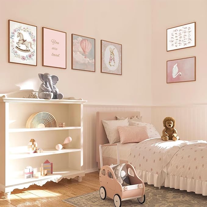 Uniro Pink Nursery Wall Decor Art Prints, Vintage Baby Girl Nursery Room Decor, Cute Baby Girl Room Decor Swan Bunny Hot Air Balloons Alphabets Canvas Painting, Antique Nursery Poster for Little Girl's Bedroom, Kids Room Decor-8x10inch|Unframed