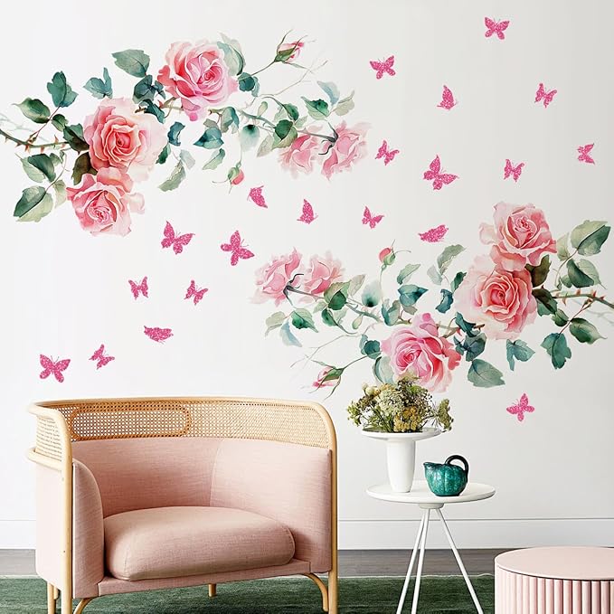 2Sheets Removable Pink Rose Vine Flowers Decals Green Leaves Decals DIY Pink Butterfly Wall Decal Self-Adhesive Wall Art Decor for Girls Room Living Room Bedroom TV Backdrop Decor