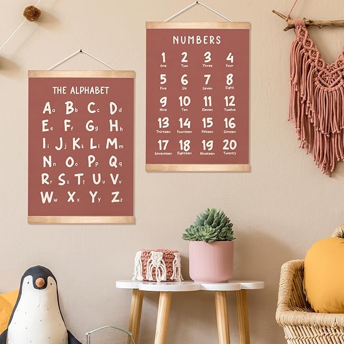 Kids Alphabet and Numbers Educational Chart Set of 2 for Classroom Decor,Colorful Educational Poster for Toddlers 1-3,Toddler Learning Poster for Kids Ages 3-5 for Nursery Playroom,Classroom Must Haves 14x18.5Inch(Brown)