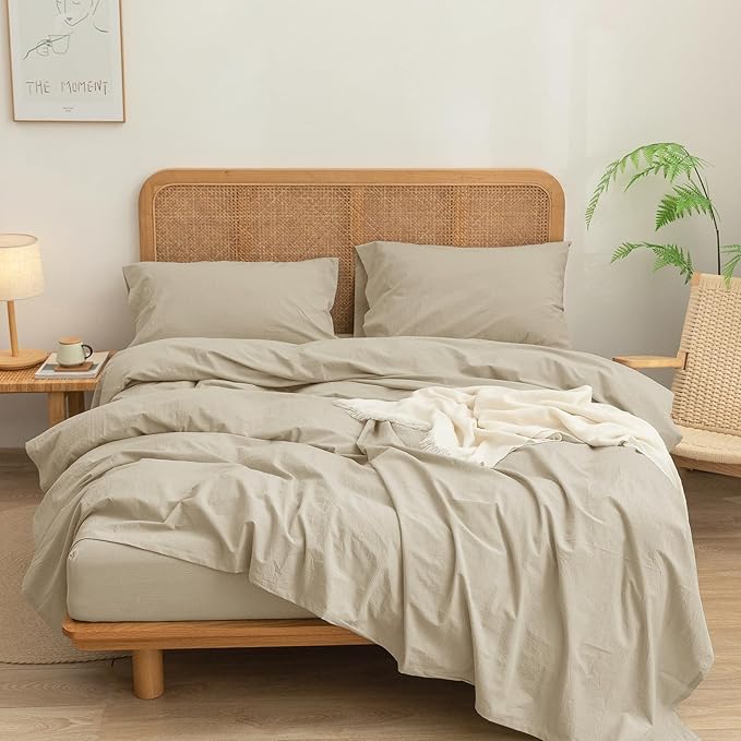 BESTOUCH Sheet Set 100% Washed Cotton Linen Feel Super Soft Comfortable Chic Lightweight 4 Pcs Home Bedding Set Solid Almond Milk Grey Full