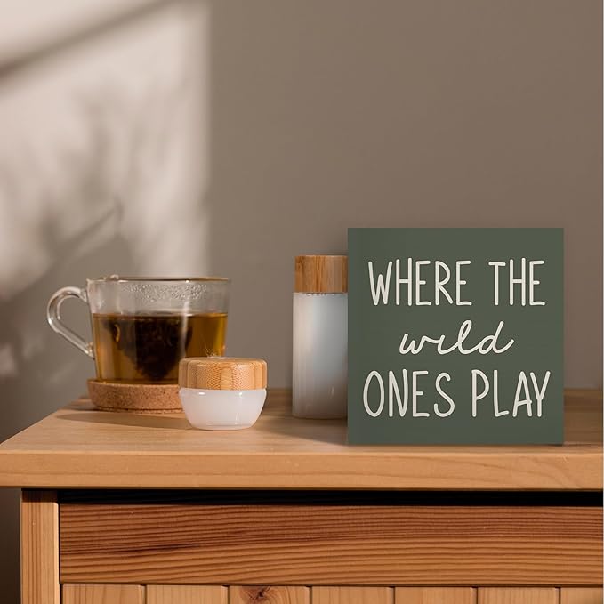 Where The Wild Ones Play Green Wood Box Sign Desk Decor 6x6, Nursery Kids Room Wooden Block Sign Decorations for Playroom Toddler Boys Girls Room Wall Tabletop Shelf Decor