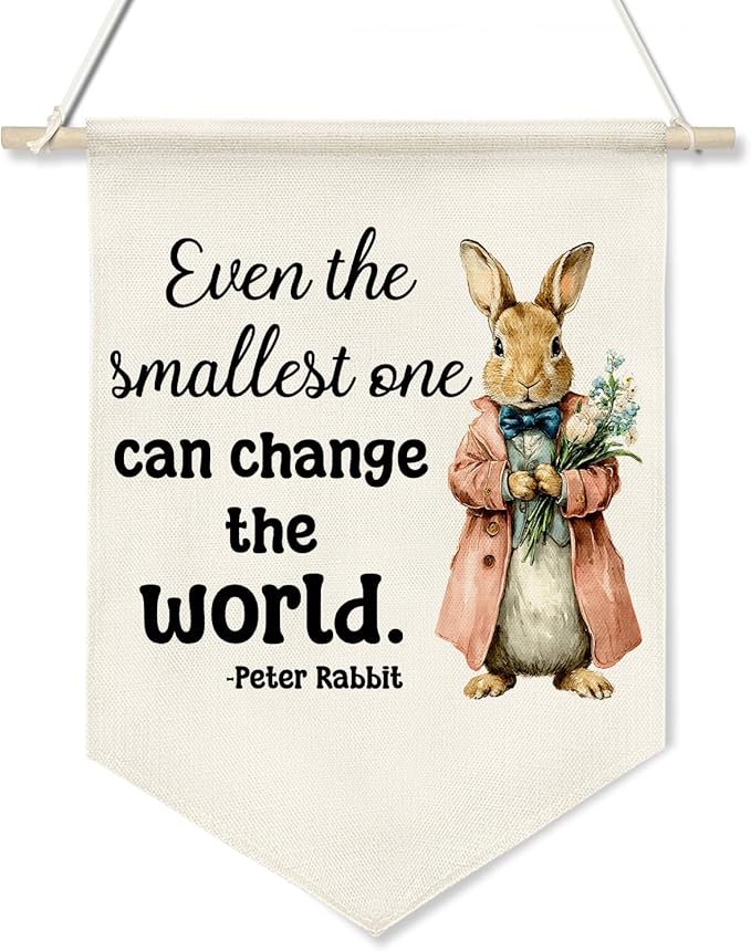 Retro Rabbit Wall Hanging Banner-Even the Smallest One Can Change the World- Canvas Poster,Inspirational Decor for Kids Room,Nursery, Newborn Gift from Parents or Grandparents(KD31)