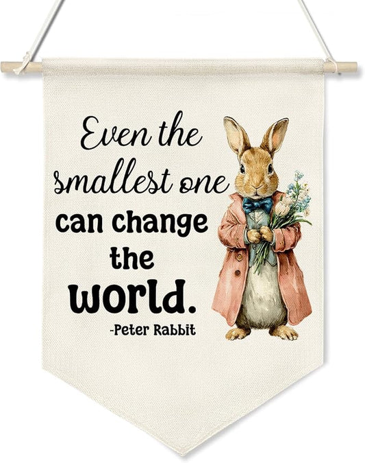 Retro Rabbit Wall Hanging Banner-Even the Smallest One Can Change the World- Canvas Poster,Inspirational Decor for Kids Room,Nursery, Newborn Gift from Parents or Grandparents(KD31)