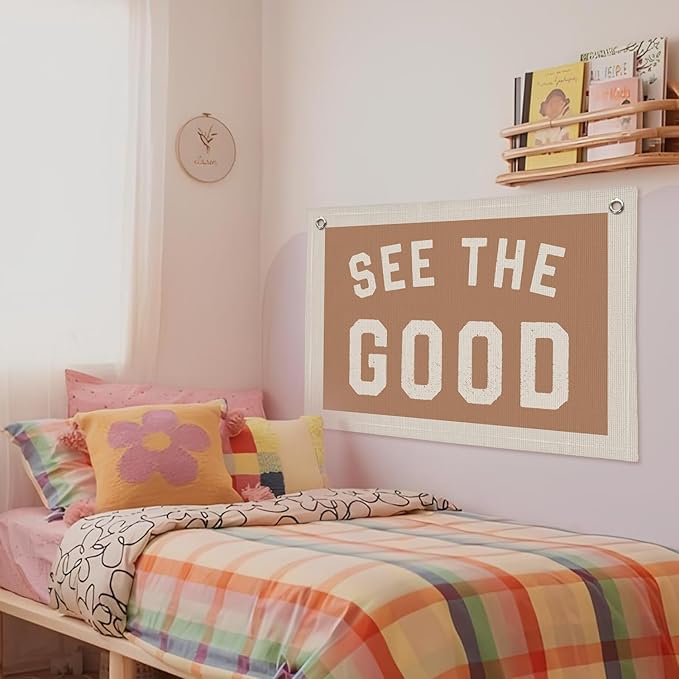 See The Good Wall Decor, Inspirational Wall Decor, Boho Accent Vintage See The Good Sign Linen Banner Wall Hanging Banner Flag, Accent Wall Decor