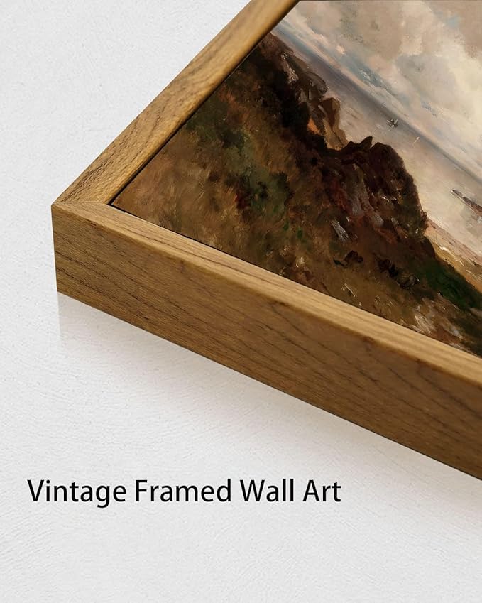 OIQArtOIQ Framed Vintage Landscape Wall Art Coast Natural Scenery Oil Painting Canvas Prints Country Farmhouse Aesthetic Decor Pictures for Kitchen Bedroom Living Room Bathroom