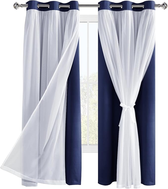 Hiasan Blackout Curtains with Sheer Overlay, Thermal Insulated Privacy Mix and Match Double Layer Window Curtains for Bedroom, Living Room, 2 Drape Panels Sewn with Tiebacks, Navy Blue, 42W X 63L
