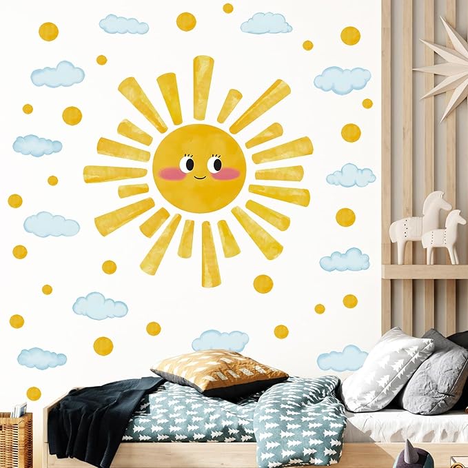 Large Sun Wall Decals Watercolor Cloudy Wall Stickers for Kids Room, Smile Sun Polka Dots Clouds Wall Decor Stickers Peel and Stick Art Murals Decorations for Nursery Classroom Bedroom