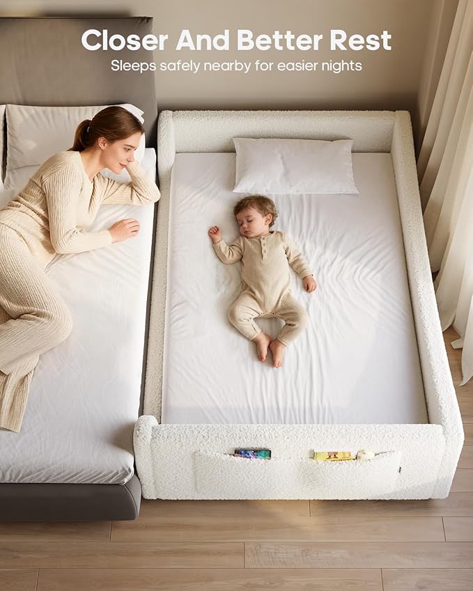 Twin Floor Bed, Low Montessori 2-in-1 Beds, with Slats and High Rails, Upholstered Teddy Boucle, Curve Round Frame for Girls and Boys, No Box Spring Needed, Easy Assemble, Beige (Twin)