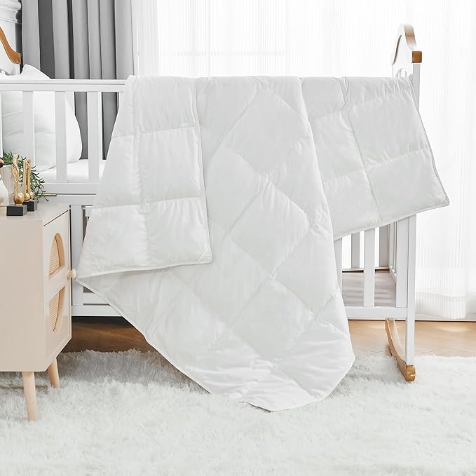 Toddler Goose Down Comforter Lightweight Summer Cooling Baby Duvet Insert, Hypoallergenic 100% Organic Cotton Crib Quilted Washable Nursery Blanket with Corner Tabs, White 41x48 Inches