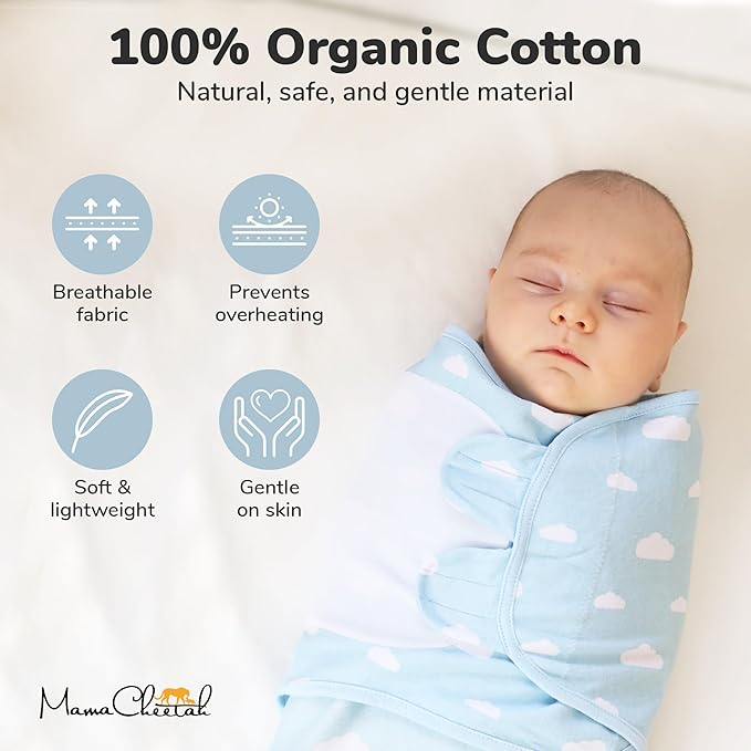 Mama Cheetah Preemie Swaddle Sack, Organic Cotton Sleep Sacks - Easy Swaddles for Premature Baby Boy Blanket Wrap, 4-7 lbs, Newborn Essentials, 3-Pack, Blue