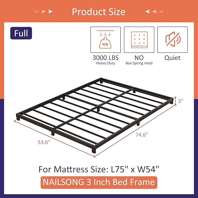 3 Inch Bed Frame Full Low Profile, Full Size Metal Bed Frame No Box Spring Needed, Heavy Duty Metal, Easy Assembly, Black