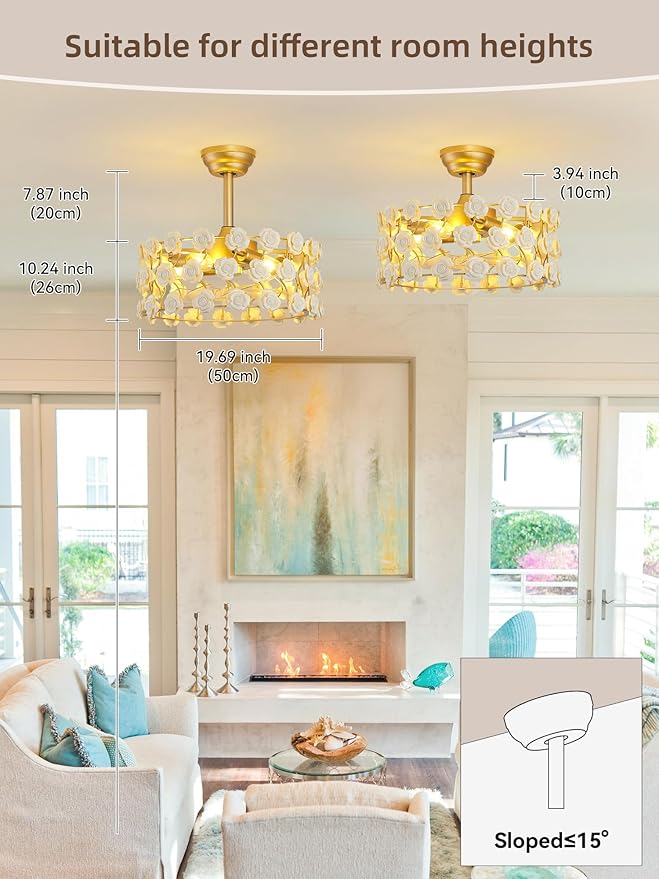 20" Gold Fandelier Ceiling Fan with Light, Caged Flower Chandelier Ceiling Fans with Lights Remote Control, Mid-Century Modern with 6 Speeds for Bedroom, Nursery