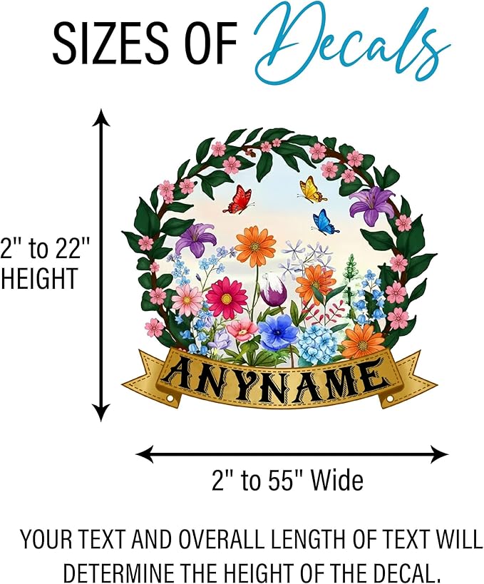 Custom Name Wall Decal Personalized Colorful Floral Butterfly Name Transparent DTF Vinyl Removable Nursery Wall Decals for Baby Kids Room, Teen Bedroom, Window, Cute Home Decor Gifts