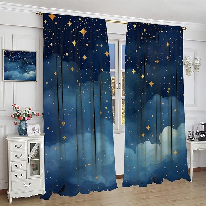 Night Sky Stars Curtain for Kids, Blue Starry Space Galaxy Pattern Window Treatments for Boys Girls Bedroom Toddlers Room Living Room 42" W X 54" L