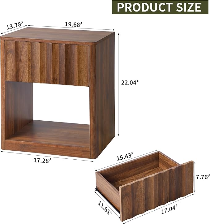 Fluted Dresser, Small Nightstands Set of 2, Natural Bedside Table with Drawer and Storage, Mid Century Modern Side Table for Bedroom Sofa