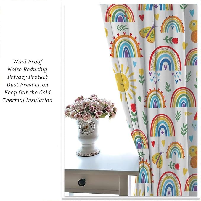 Boho Rainbow Curtains for Kids Nursery Colorful Floral Sun Star Clouds Pastel Bohemian Pattern Print Window Drapes for Girl Bedroom Living Room Kitchen Decor,2 Panel Set,63Wx63H Inch Blackout