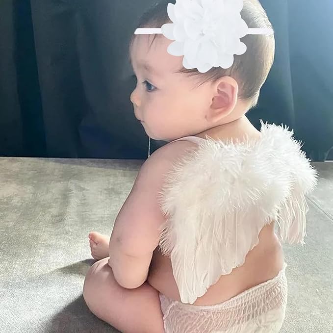 2PCS White Angel Wings With Chiffon Flower Headband For Newborn Infant Photography Props Soft Fairy Feather Wings For Toddlers Kids Girls Gifts(Color F, One Size)