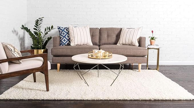 Unique Loom Solid Shag Collection Area Rug (7' 1" x 10' Rectangle, Pure Ivory)