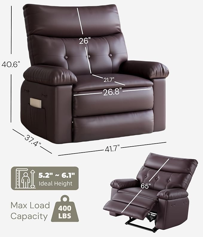 GarveeHome Oversized Wide Recliner Chair - Heat and Massage, PU Leather Extra Wide Manual Recliner for Adults, Large Lazy Chair with 1.5X Sponge Comfort Arm and Back for Living Room, Bedroom