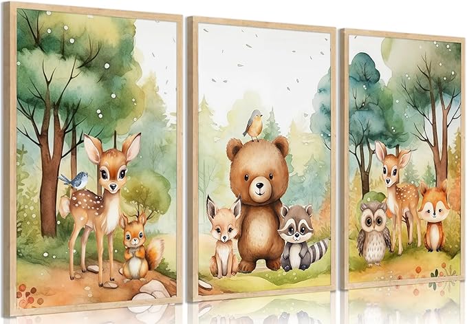 3Pcs Woodland Animal Nursery Wall Art Forest Animal Wall Decor Cute Watercolor Deer Bear Fox Poster Canvas Prints Paintings Pictures Artwork for Kids Baby Bedroom Decor Unframed Poster 12X16in