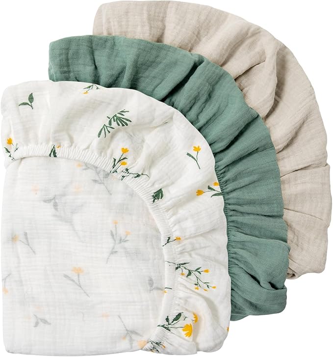 Gllquen Baby Muslin Bassinet Sheets 3 Pack, Breathable Elastic Cozy Fitted Cotton Bassinet Mattress Sheet for Baby Boy Girls, Fit for Hourglass Oval Rectangular Cradle Pad Sheets 33"x17" (Green)