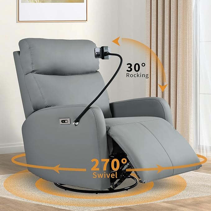 Power Swivel Rocker Recliner Chair for Nursery, Upholstered 270° Swivel Glider Chair with Phone Holder, USB Ports, Power Recliners for Small Spaces Living Room, Grey