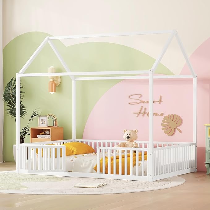Bellemave Full Size House Bed for Kids, Montessori Floor Bed with Door, Metal House Bed with Door, Floor Bed for Kids, Montessori Floor Bed with Fence, White