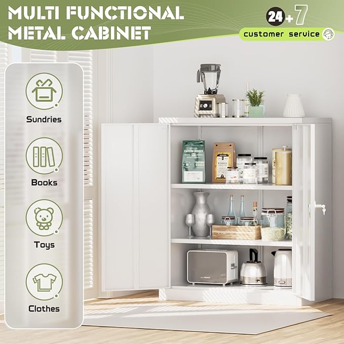 Crownland 36" Metal Storage Cabinet, Lockable Garage Storage Cabinets, Office File Cabinet with Adjustable Shelves for Garage, Home Office, Classroom, Pantry, File(White-Narrow Size)