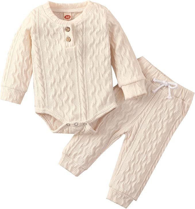 Newborn Baby Boy Girl Clothes Ribbed Knitted Cotton Long Sleeve Romper Long Pants Solid Color Fall Winter Outfits