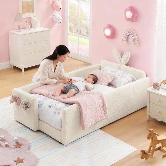 Twin Bed with Rails, Montessori Bed Frame for Toddlers, Boucle Upholstered Platform Bed with Rabbit Ear Headboard, for Kids & Teens, Beige