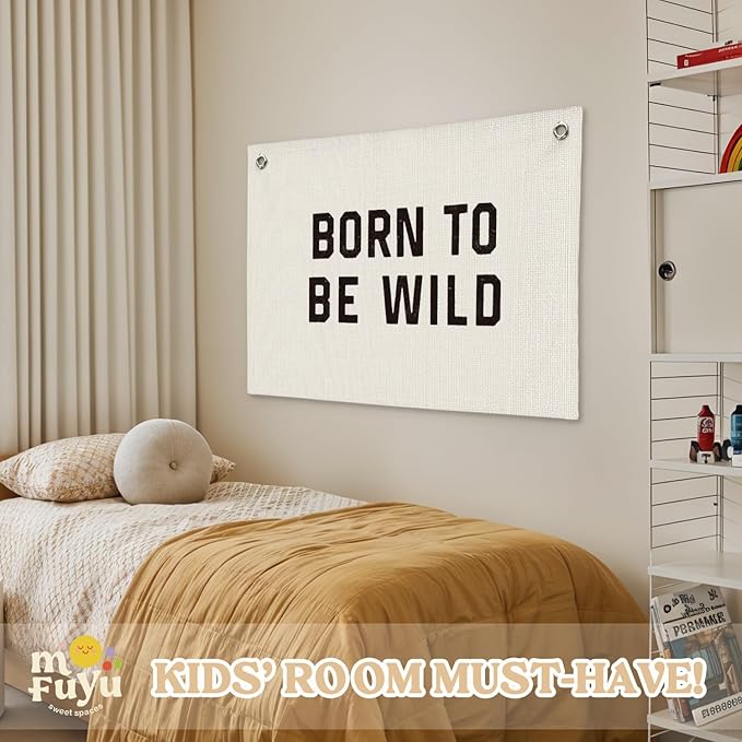 Born To Be Wild Linen Canvas Banner, Boys Kids Room Wall Hanging Banner Flag Decor for Playroom Bedroom Nursery, 30x20 Inch