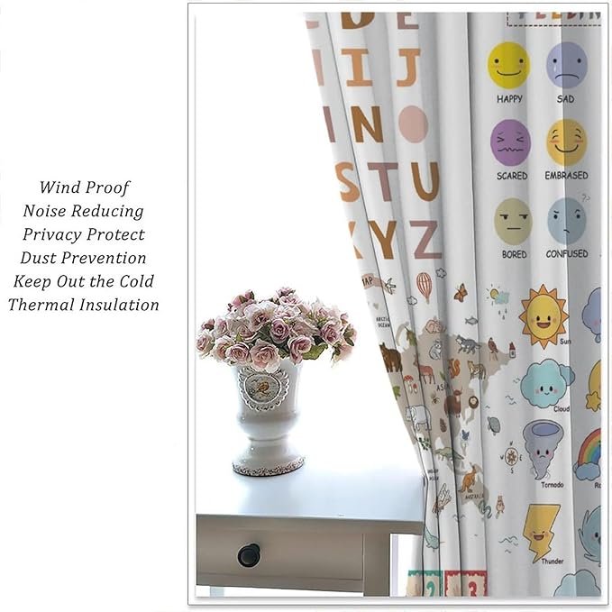 Kids Educational Curtain,Pastel ABC Alphabet Continents Map Numbers Shapes Weather Learning Tools Boy Girl Nursery Rod Pocket Window Treatments for Bedroom Living Room Decor 42" W X 45" L