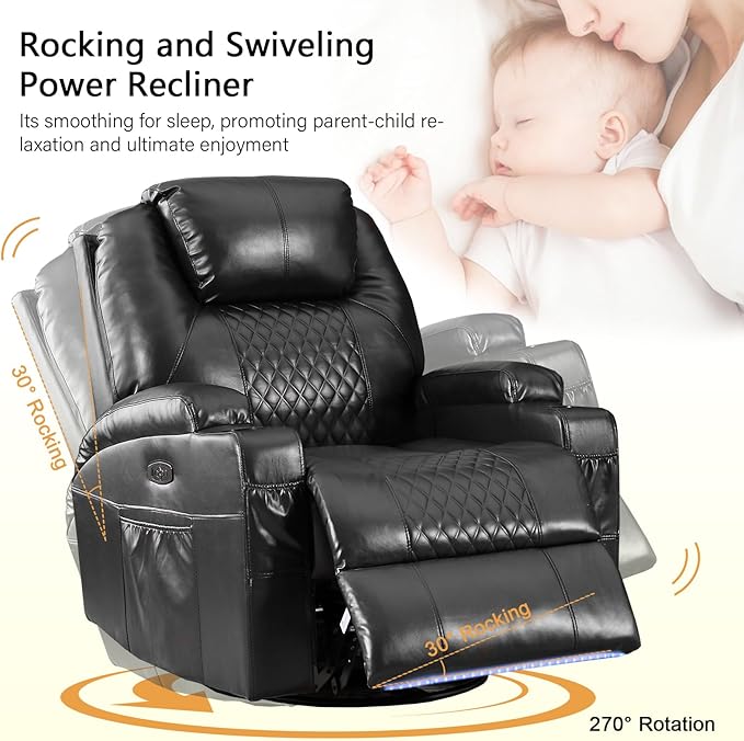 Power Swivel Rocker Recliner Chair with Massage and Heat/LED Lights/USB and Type-C Ports/Infinite Position/Cup Holder, Electric Glider Reclining Sofa for Nursery Living Room (2, Black)