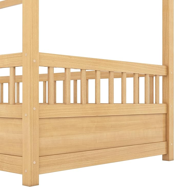 Twin Size House Bed with High Fence for Kids,Twin Floor Bed Frame, Kids Montessori Bed Twin Size,Solid Wood House Bed Frame for Boys,Girls,Natural