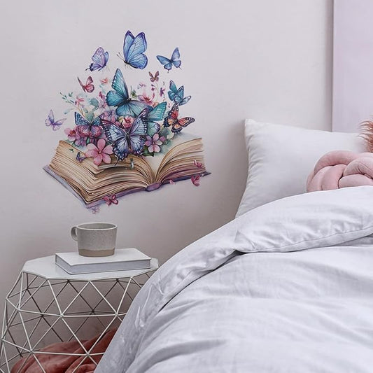Magic Book Wall Decals Colorful Flower Butterfly Wall Stickers, Purple Butterflies Decoration for Girls & Boys Bedroom Removable Vinyl Peel and Stick for Living Room, Bathroom, Library