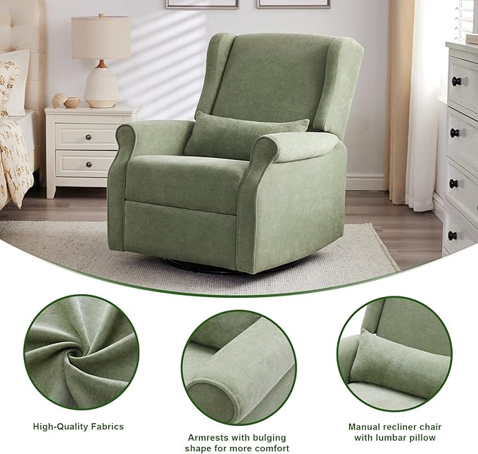Nursery Swivel Glider Recliner,Rocking Chair Nursery with Footrest,Rocking Recliner Chair for Nursery,Glider Rocker Recliner for Living Room & Bedroom,Green