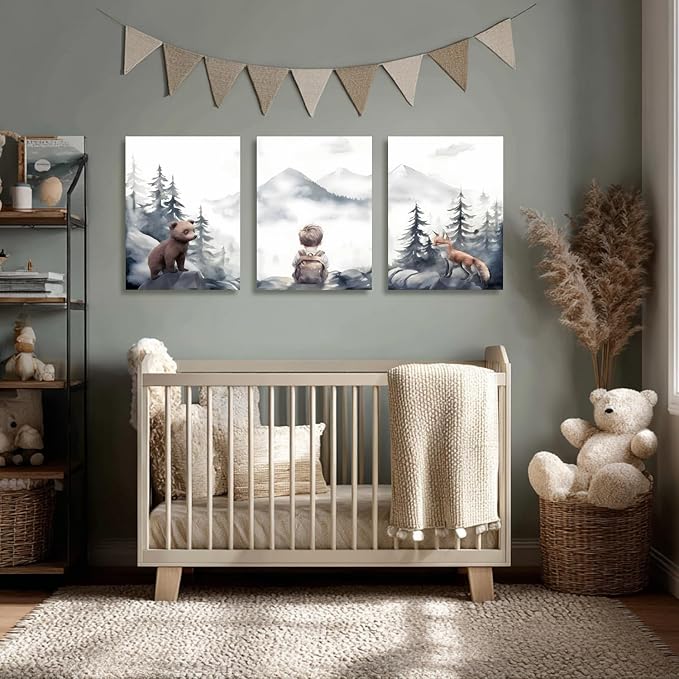 kilamino Neutral Woodland Wild Animal Wall Art, Cute Bear Fox Nursery Wall Decor, Adventure Boy Poster Prints, Vintage Forest Animal Canvas Paintings for Baby Room Classroom Playroom Framed 16"x24"x3