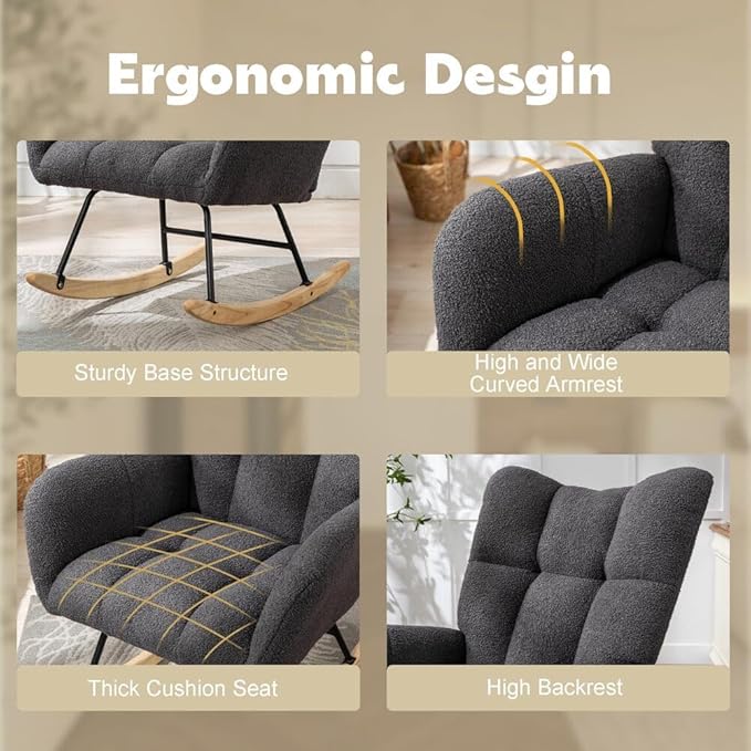 Nursery Rocking Chair Teddy Upholstered Glider Rocker Accent Chair with High Backrest Armchair Comfy Side Pocket Modern Rocking Accent Chairs for Living Room, Nursery, Office(Neutral Gray)