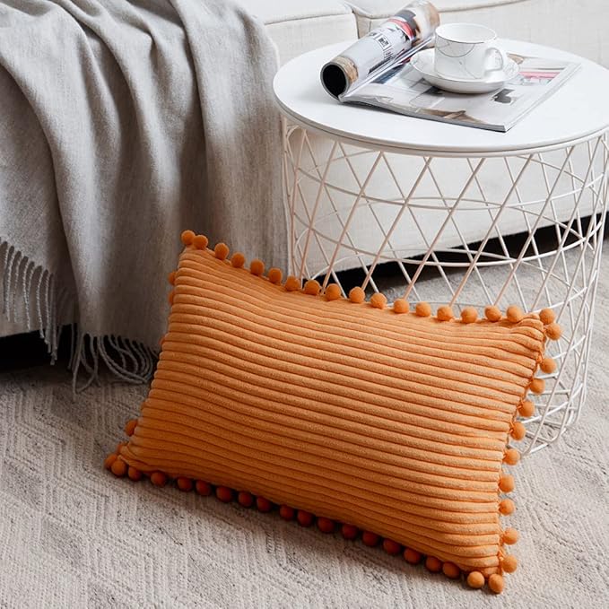Fancy Homi Pack of 2 Fall Lumbar Decorative Throw Pillow Covers with Pom-poms, Soft Corduroy Solid Rectangle Cushion Cases for Couch Sofa Bed Living Room, Fall Home Decor (14x24 Inch/35x60 cm, Orange)