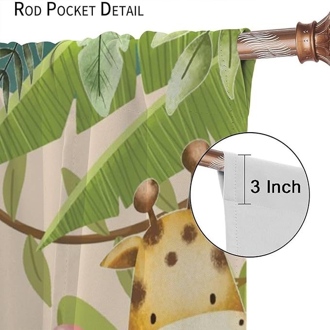Jungle Animals Curtains Colorful Forest Cartoon Wildlife Lion Giraffe Elephant for Kids Boys Girls Nursery Bedroom Living Room Blackout Rod Pocket Decoration Window Drapes 2 Panels W27.5xL63in