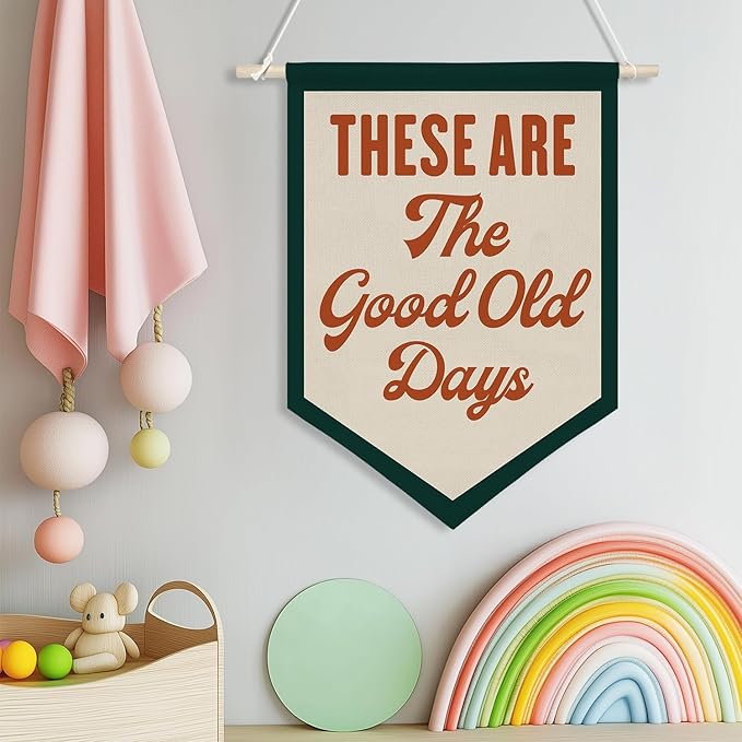 Welcome Banner Wall Art,These Are The Good Old Days Banner Hanging Wall Canvas Poster,Nostalgic Inspirational Quote Hanging Pennant Flag Prints,Positive Home Bedroom Wall Decor(Red)