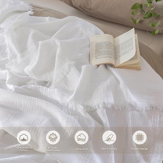 MooMee Muslin Blanket - 100% Cotton 4-Layer Gauze Throw Blanket with All-Around Fringe, Ultra-Soft Breathable Lightweight Cooling Decorative for Bed, Sofa & Couch (Bright White,Twin XL 66" x 90")