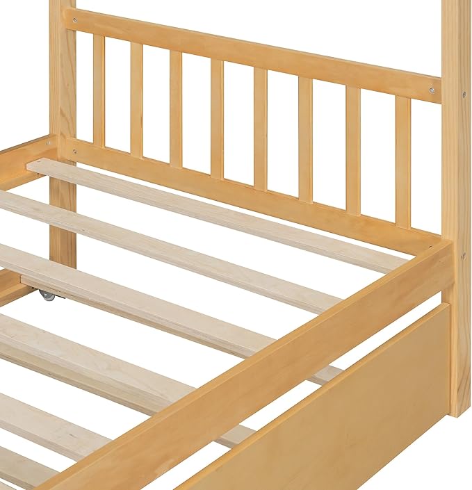 Harper & Bright Designs Twin House Bed for Kids, Wood Platform Bed with Trundle, Montessori Bed with Roof, Playhouse Trundle Beds for Kids,Teens, Bedroom, Natural