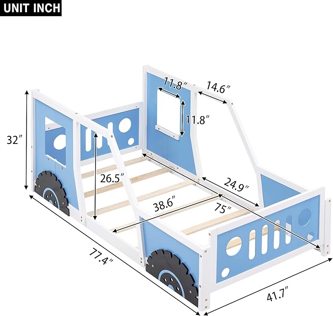 Twin Size Classic Car-Shaped Platform Bed Frame for Boys Girls Kids Toddler with Wheels,Blue