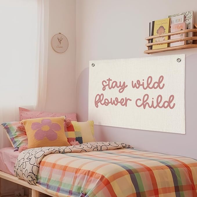 Girls Room Nursery Decor, Stay Wild Flower Child Linen Canvas Banner Wall Hanging Flag Decor for Little Toddler Baby Girls Room Playroom, Baby Shower Girl Decorations