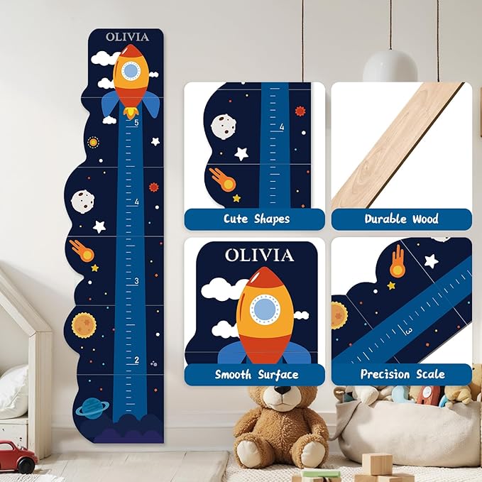 Personalized Name Rocket Wood Growth Chart for Kids – Wall Height Measurement Ruler, Toddler Playroom Decor 63" x 15.3"