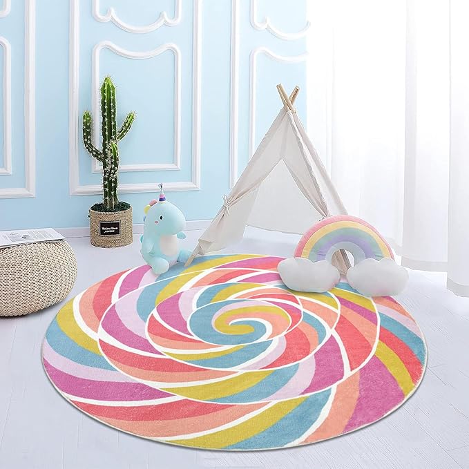 Kids Rug Play Mat 4Ft Round Rainbow Lollipop Girls Bedroom Carpet Circle Candy Nursery Mat Playroom Rug for Children Crawling, Candyland Party Decorations